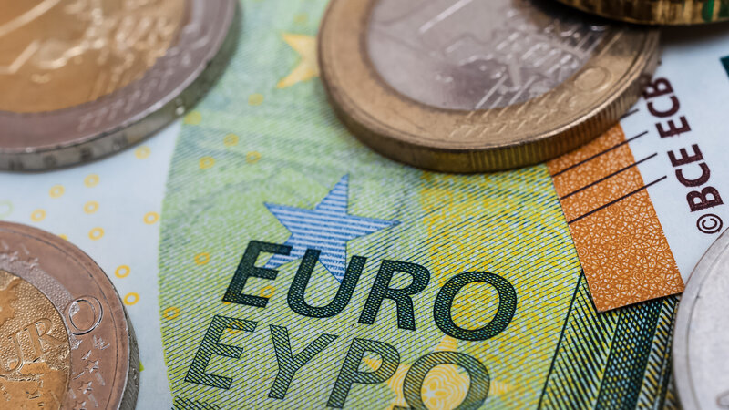 Ein- und Zweieuromünzen liegen auf Euroscheinen.